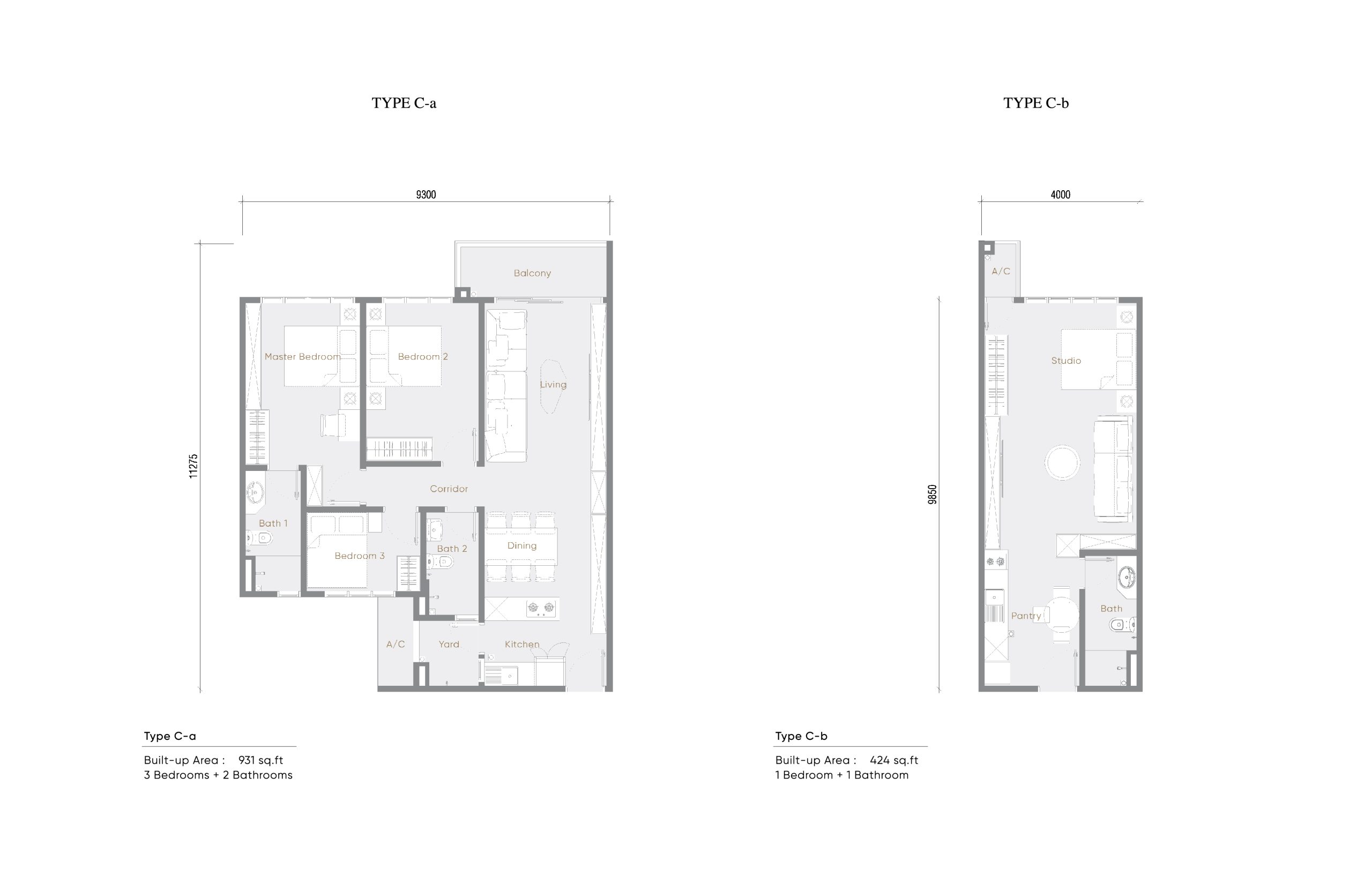 Luxury JB Condo for Sale Near RTS & CIQ | Senyum 5 Type CA 3-bedroom 1-bathroom and Type CB 1-bedroom 1-bathroom floor plans at Senyum Residences Johor Bahru