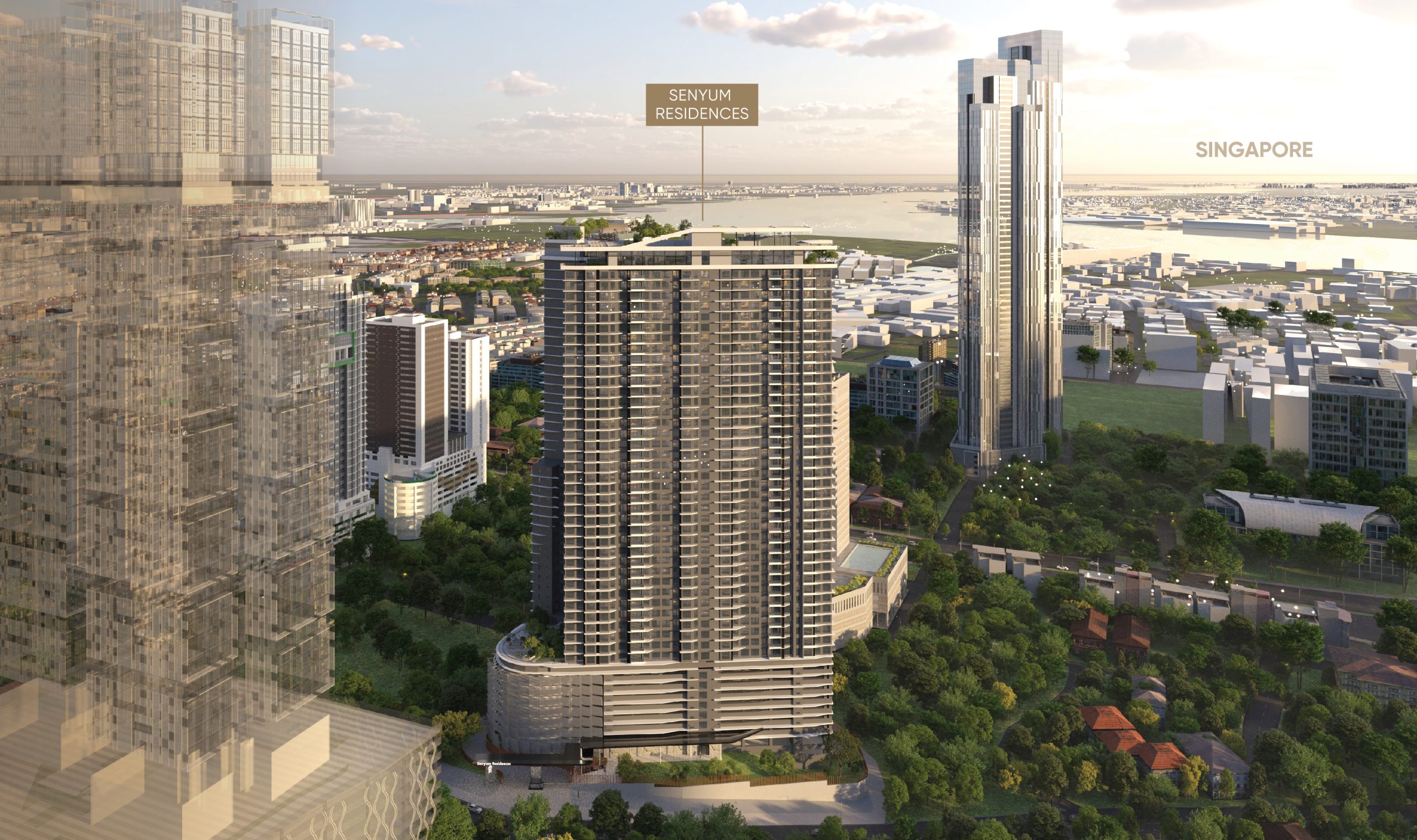 Luxury JB Condo for Sale Near RTS & CIQ | Senyum 1 Aerial view of Senyum Residences in Johor Bahru showing proximity and short distance to Singapore via RTS Link and JB CIQ.