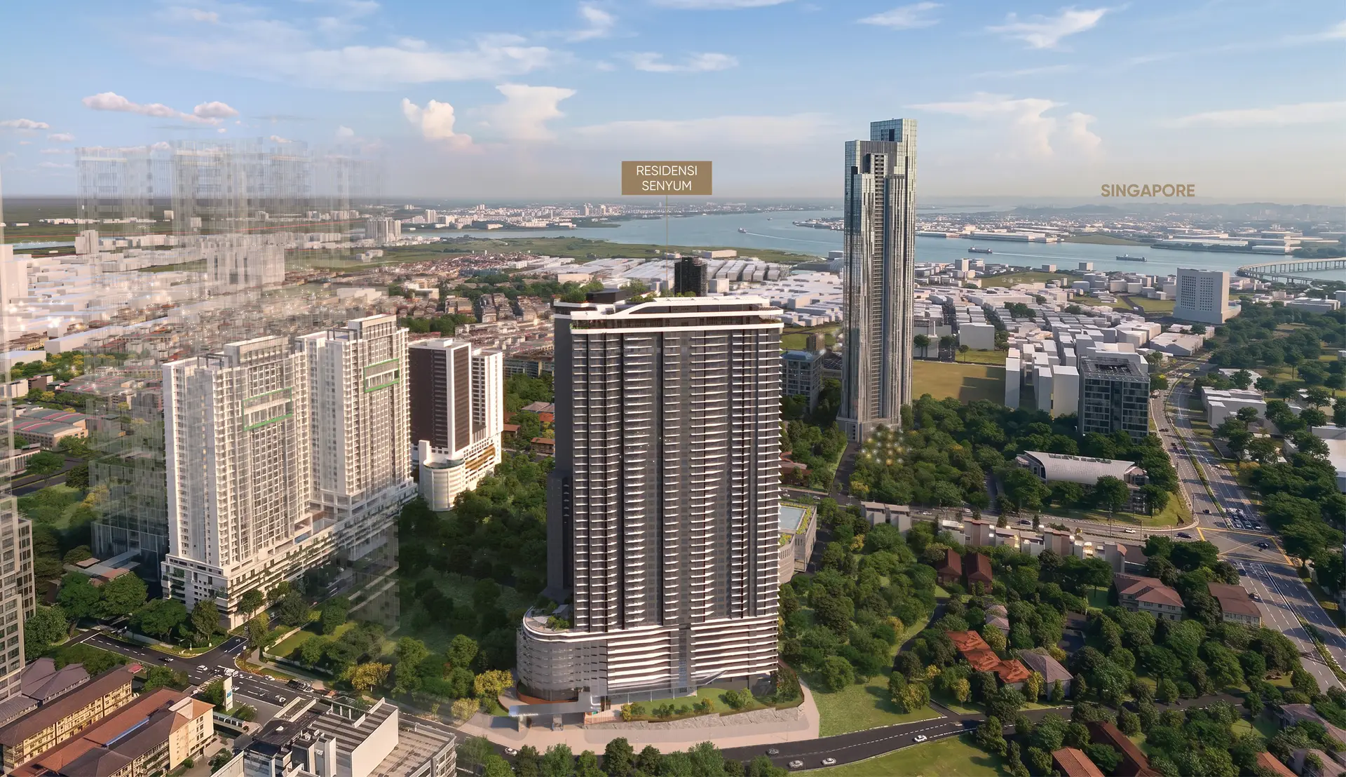 Luxury JB Condo for Sale Near RTS & CIQ | Senyum 1 Aerial view of Senyum Residences in Johor Bahru showing proximity and short distance to Singapore via RTS Link and JB CIQ.