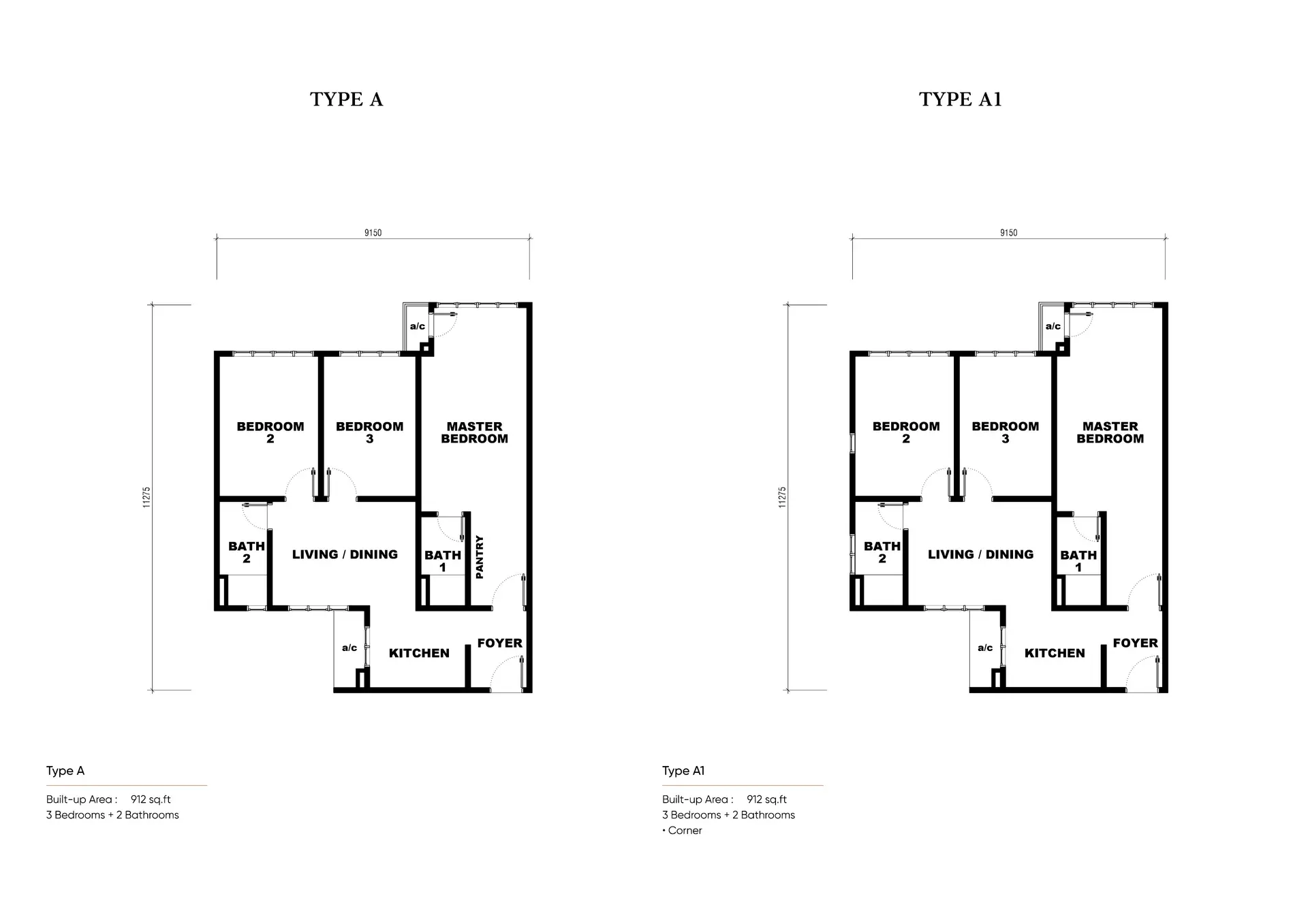 Luxury JB Condo for Sale Near RTS & CIQ | Senyum 3 Type A and A1 3-bedroom 2-bathroom floor plans at Senyum Residences JB near Bukit Chagar RTS Link